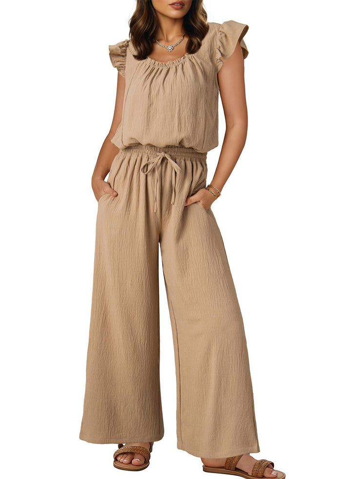 Modischer Damen Sommer-Overall aus Crinkle, weites Bein, Rüschenärmel, perfekt für stilvolle Auftritte.