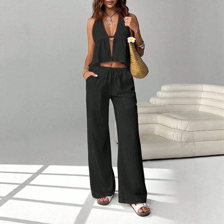 Lockerer Damen Zweiteiler für den Sommer. V-Neck Top & bequeme Palazzohose. Ideal als Urlaubsoutfit.