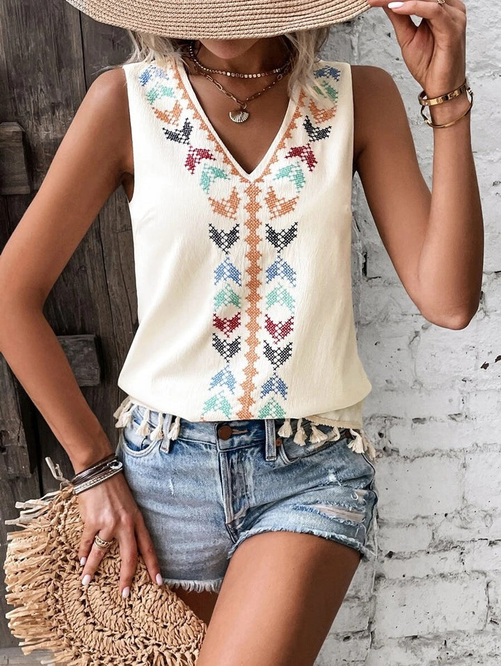 Trendiges Damen Ärmelloses Top mit Stickerei & Quasten, V-Ausschnitt für einen schicken Boho-Sommer.