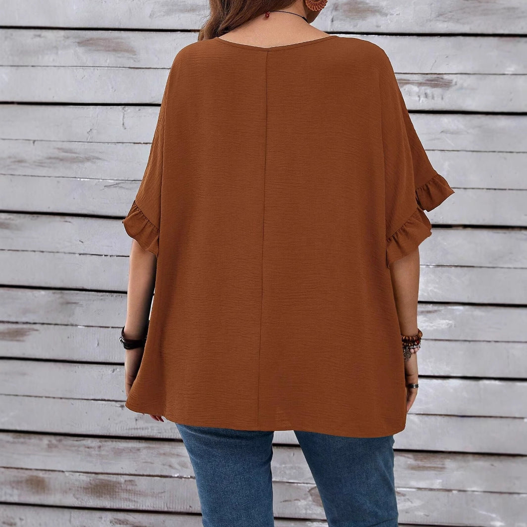 Bequeme Damen Tunika mit V-Ausschnitt, Volantärmeln und Empire-Naht, ideal für Freizeit und Alltag.