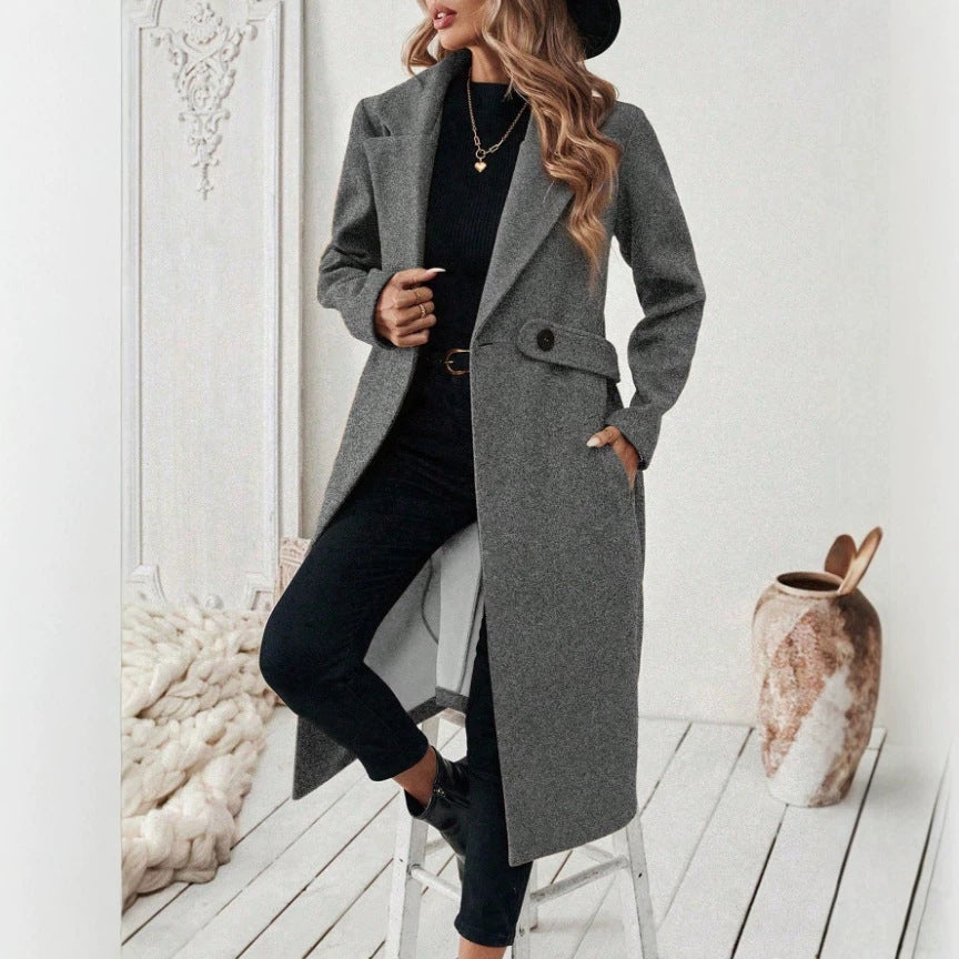 Moderner Damen Langmantel in elegantem Stil, perfekt für Herbst & Winter, vielseitige Frauenmode.