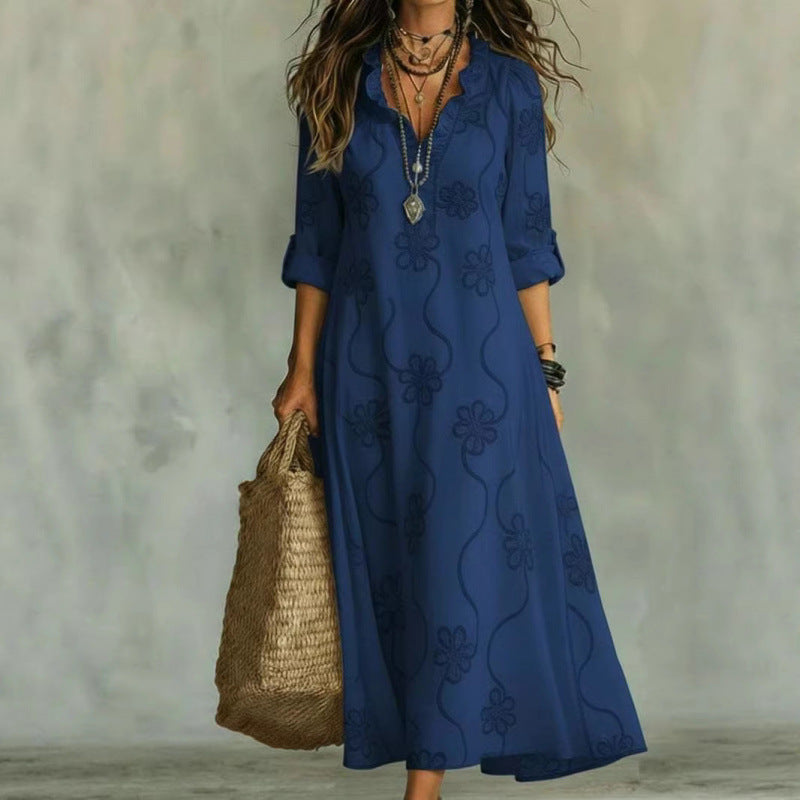 Langes Damen Sommerkleid in Boho-Stil. Fließender Stoff & eleganter Schnitt ideal für Urlaub & Freizeit.