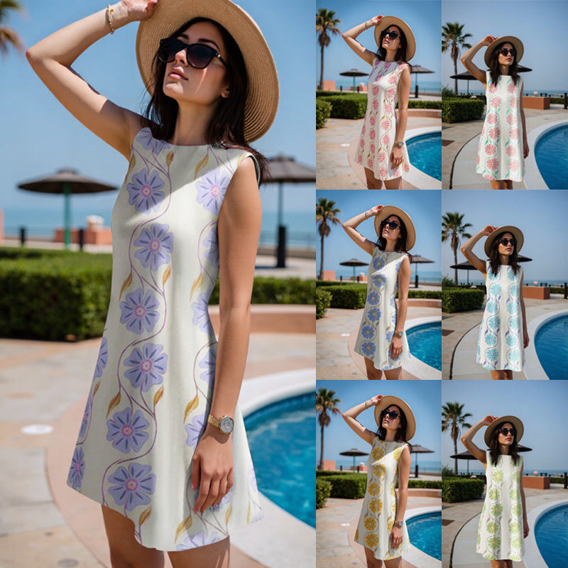Ärmelloses Damen Midikleid mit lebhaftem Blumenprint; elegant & leicht für Sommer & Urlaub.