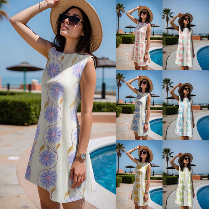 Ärmelloses Damen Midikleid mit lebhaftem Blumenprint; elegant & leicht für Sommer & Urlaub.