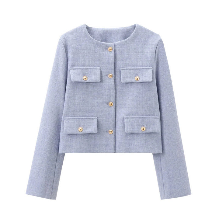 Stilvolle kurze Damenjacke mit Pattentaschen, Knöpfen, perfekt für modische Streetwear-Looks.