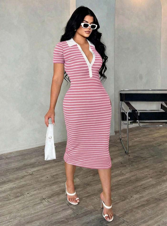 Gestreiftes kurzärmliges Polokleid für Damen, mit Polo-Kragen, tailliert, perfekt für warme Tage.