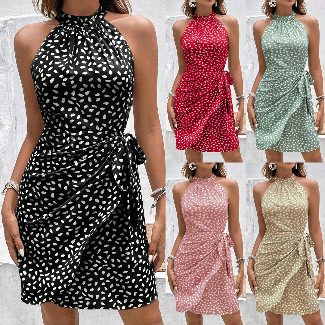 Elegantes Damen Neckholder-Wickelkleid, fließend & sommerlich, perfekt für Freizeit oder Urlaub.