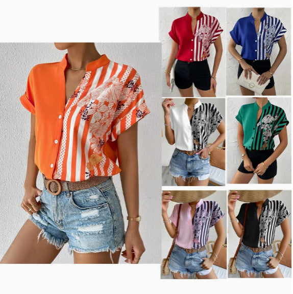 Modische Damen Kurzarmbluse mit Stehkragen, Streifen- & Blumenprint, perfekt für Sommer & Büro.