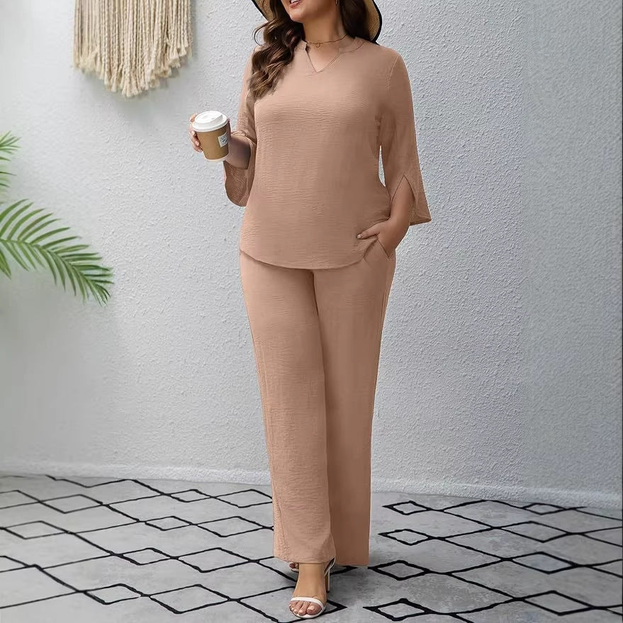 Stylisches Damen Palazzo-Set für Büro & Freizeit. Moderner Zweiteiler mit V-Ausschnitt.