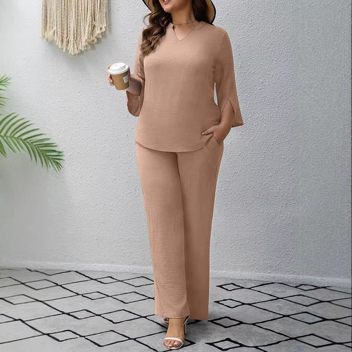 Stylisches Damen Palazzo-Set für Büro & Freizeit. Moderner Zweiteiler mit V-Ausschnitt.