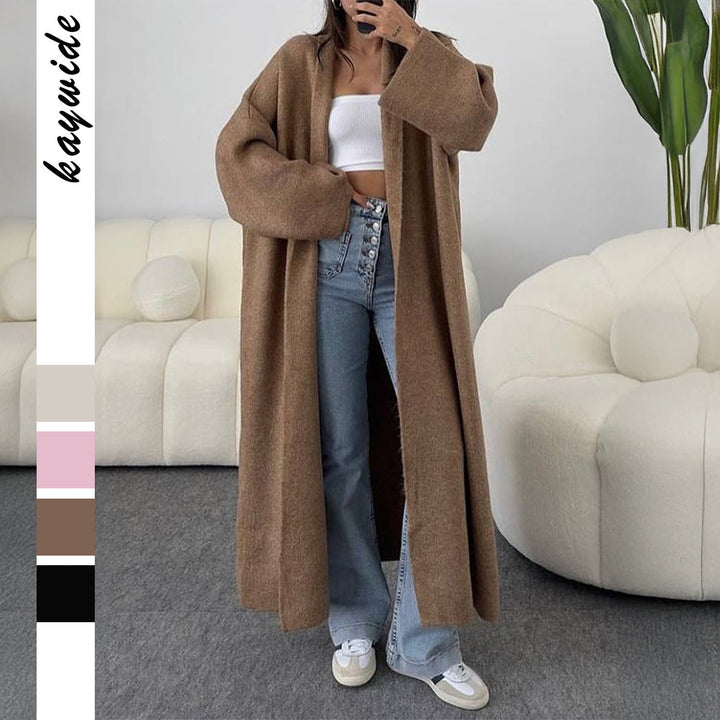 Damen Extra-Langer Oversize Strickmantel mit Kimonokragen, ideal für elegante Herbst- & Wintermode.