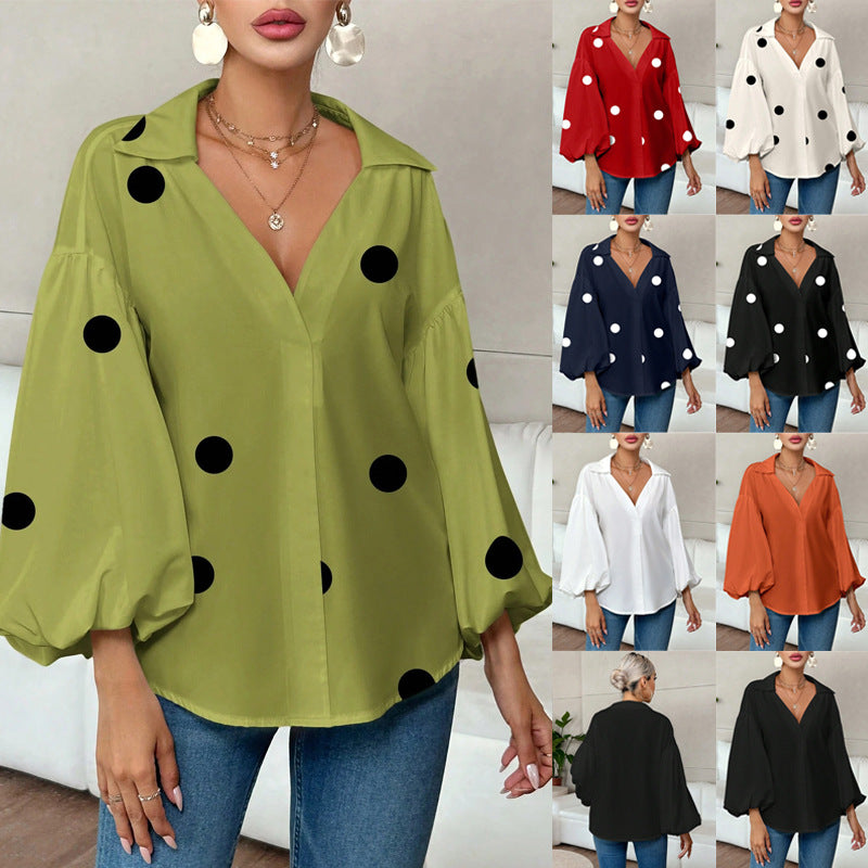Damen Oversize-Bluse mit Puffärmeln & elegantem Punktmuster. Ideal für Freizeit & Büro-Look.