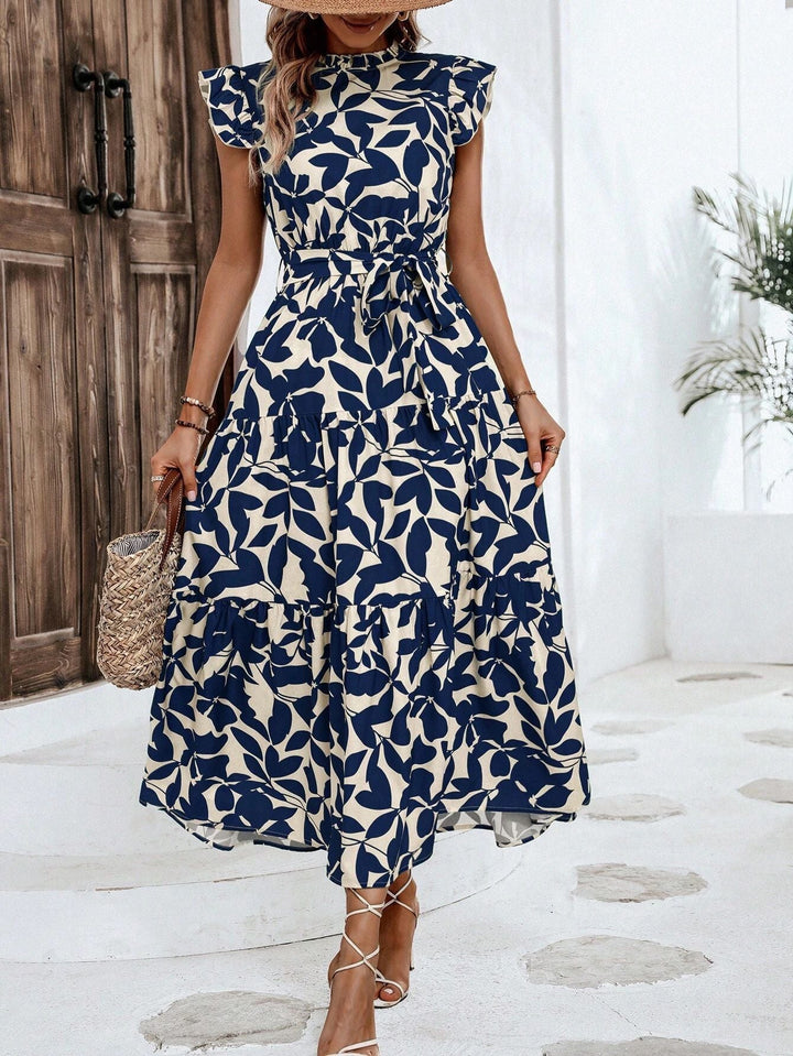 Vielseitiges Damen Blumen Midikleid mit Stufenrock & Rüschenärmeln; als elegantes oder Freizeitkleid tragbar.