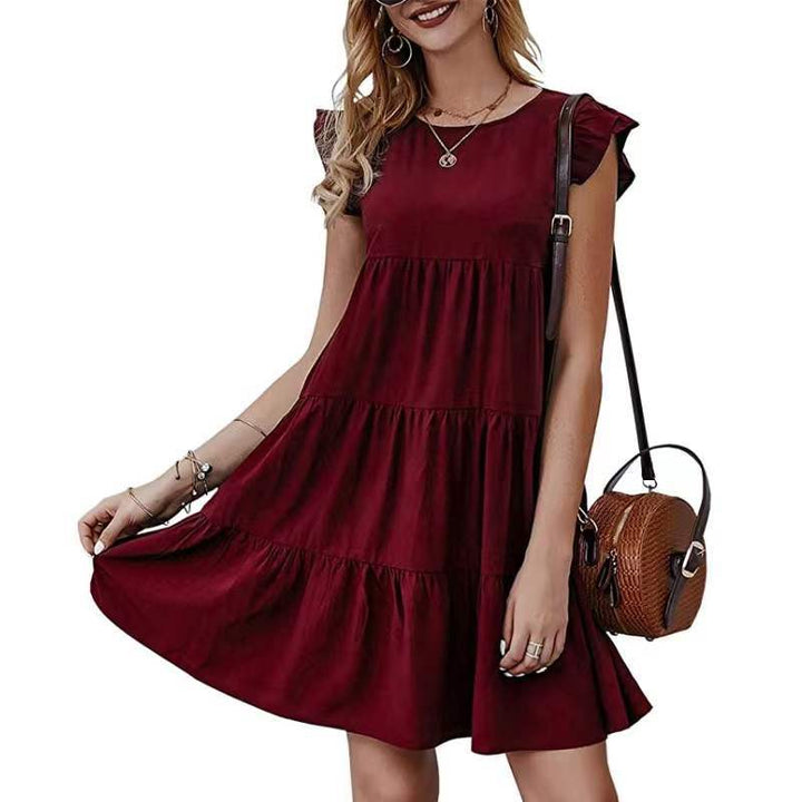 Vielseitiges Damen Stufenkleid mit Rüschenärmeln. Elegantes A-Linien-Freizeitkleid für verschiedene Anlässe im Sommer.