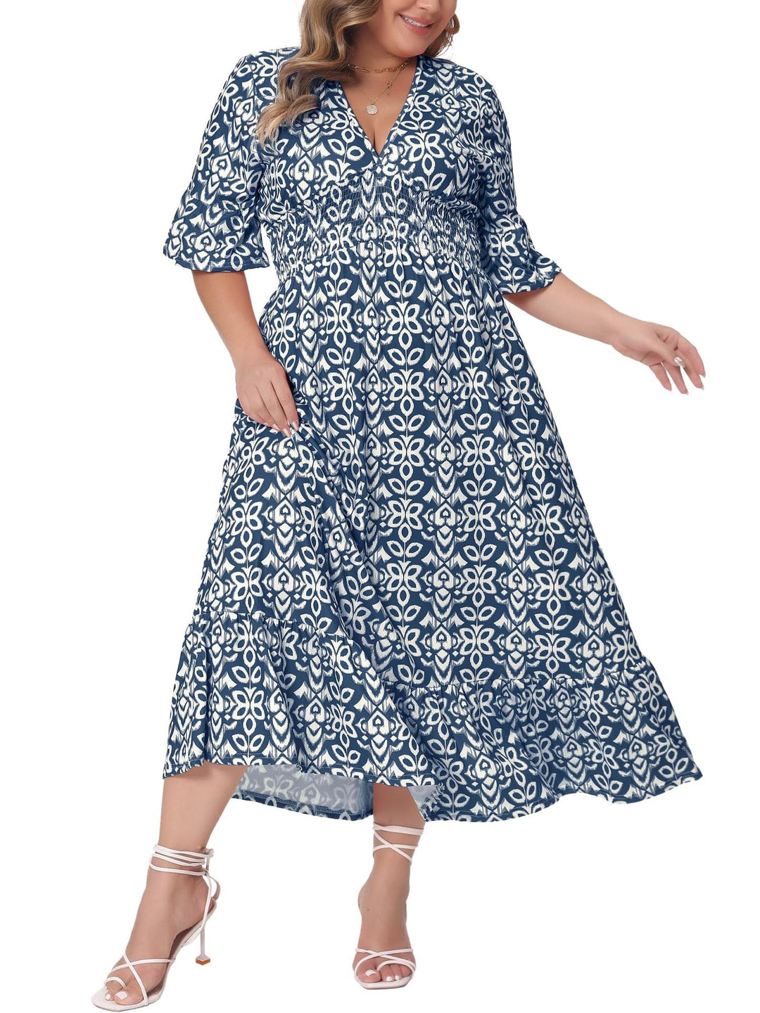 Damen A-Linien Midikleid, auch in Übergrößen verfügbar. Elegantes Freizeitkleid mit V-Ausschnitt.