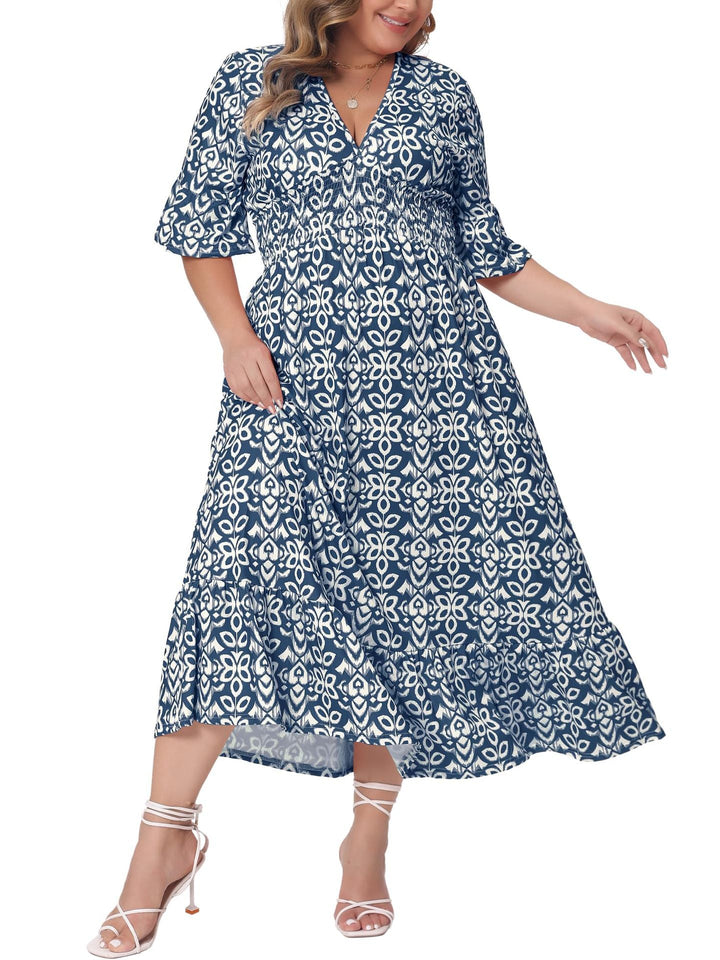 Damen A-Linien Midikleid, auch in Übergrößen verfügbar. Elegantes Freizeitkleid mit V-Ausschnitt.