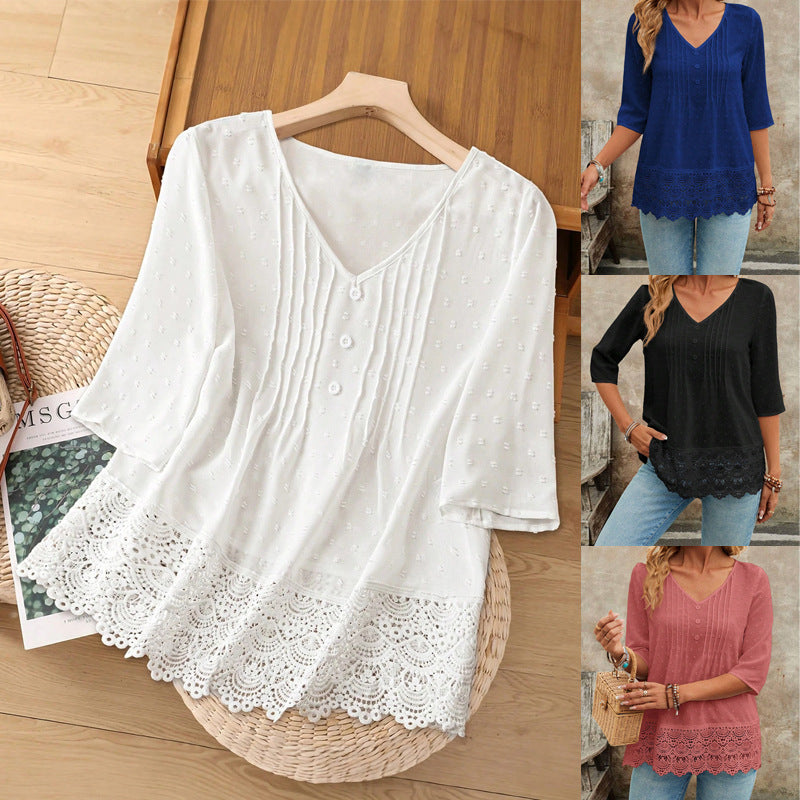 Elegante Damen Tunika Bluse mit V-Ausschnitt und 3/4 Ärmeln, locker geschnitten für Sommer & Herbst.