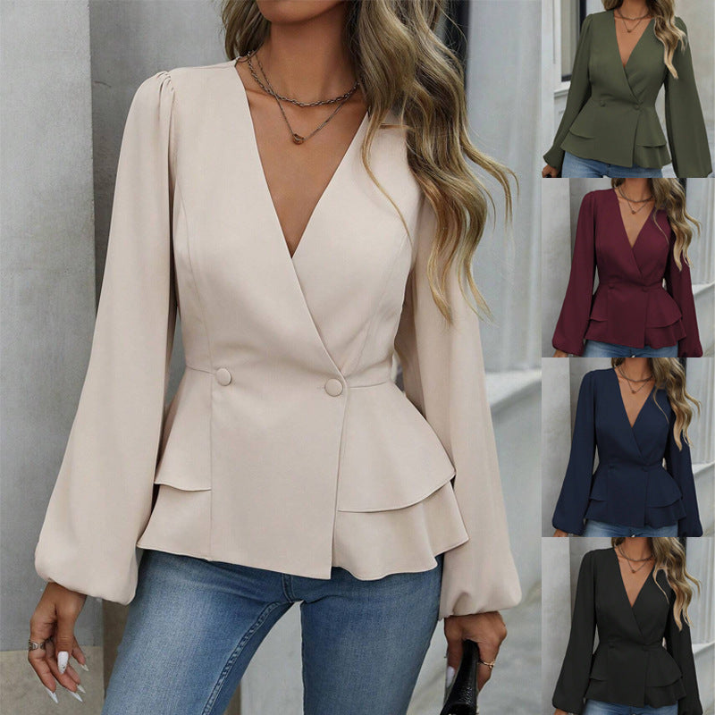 Damen Wickel-Blazer mit elegantem Schößchen und Ballonärmeln; ideal für Business & Fest.