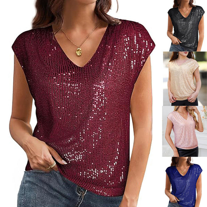 Damen Pailletten-Top mit V-Ausschnitt, ärmellos, glitzernd für festliche Anlässe.