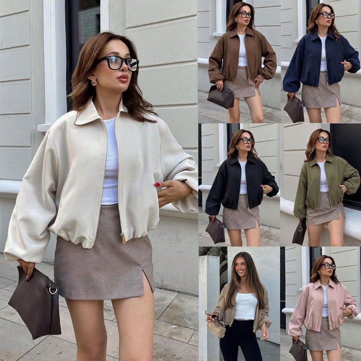 Lässige Damen Bomber Kurzjacke für Frühling & Herbst; vielseitige Übergangsjacke mit Reißverschluss.