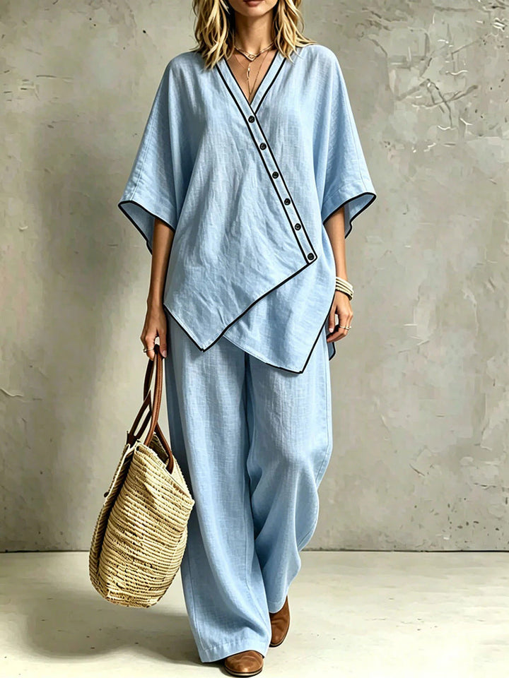 Stylishes Damen Tunika-Set: Asymmetrisches Oberteil & Palazzohose, ideal für Sommer-Loungewear & Komfort.