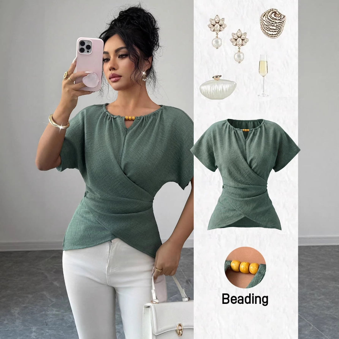 Modisches Damen Tailliertes Top mit Perlen-Detail und dezenter Schlüsselöffnung. Ideal für Sommer, Büro oder Freizeit.