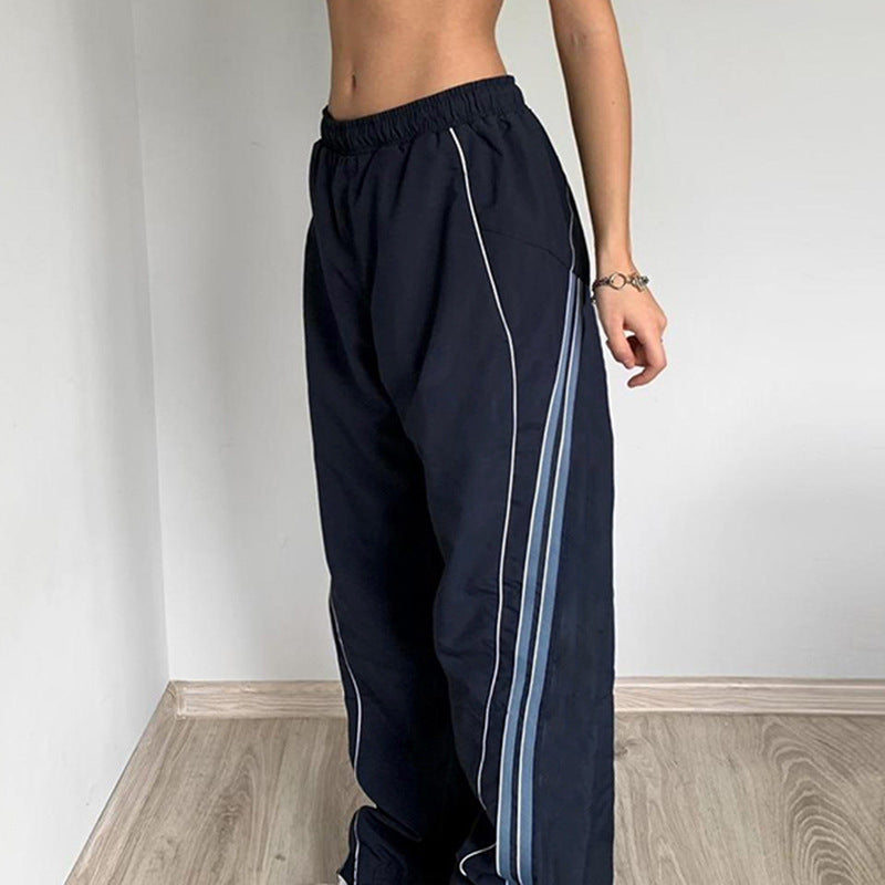 Stilvolle, bequeme Damen Leggings marineblau, hoher Bund, weiße Seitenstreifen. Perfekt als Trainings- & Freizeithose.