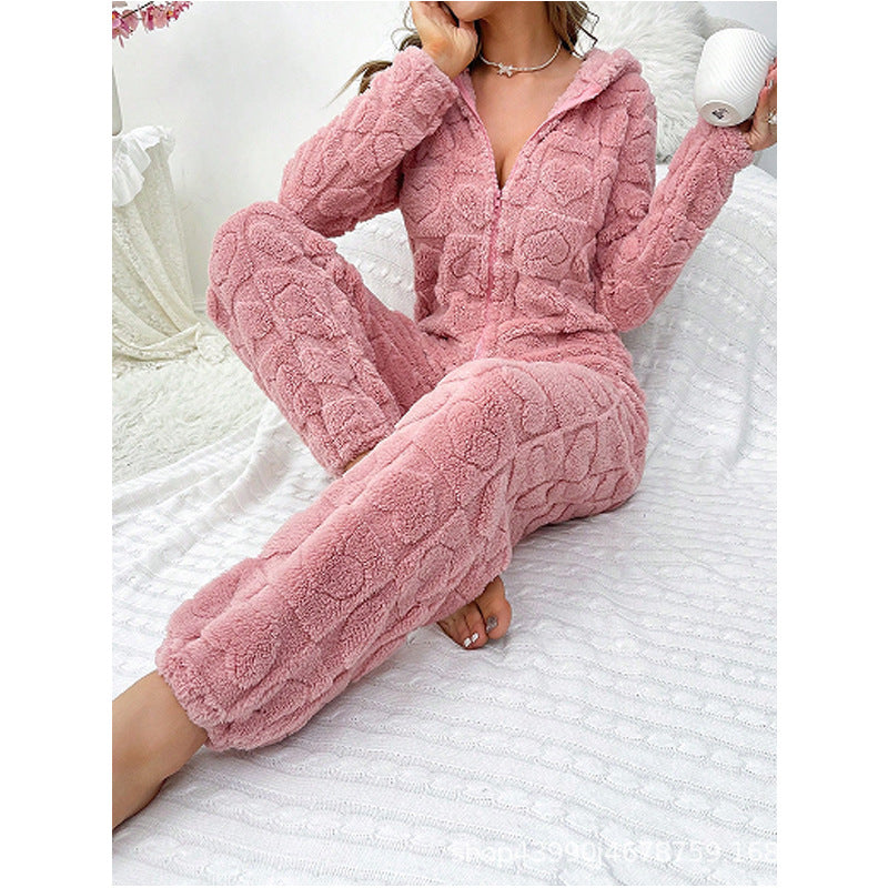 Moderner Damen Kapuzenoverall aus warmem Fleece, perfekt für gemütliche Homewear.