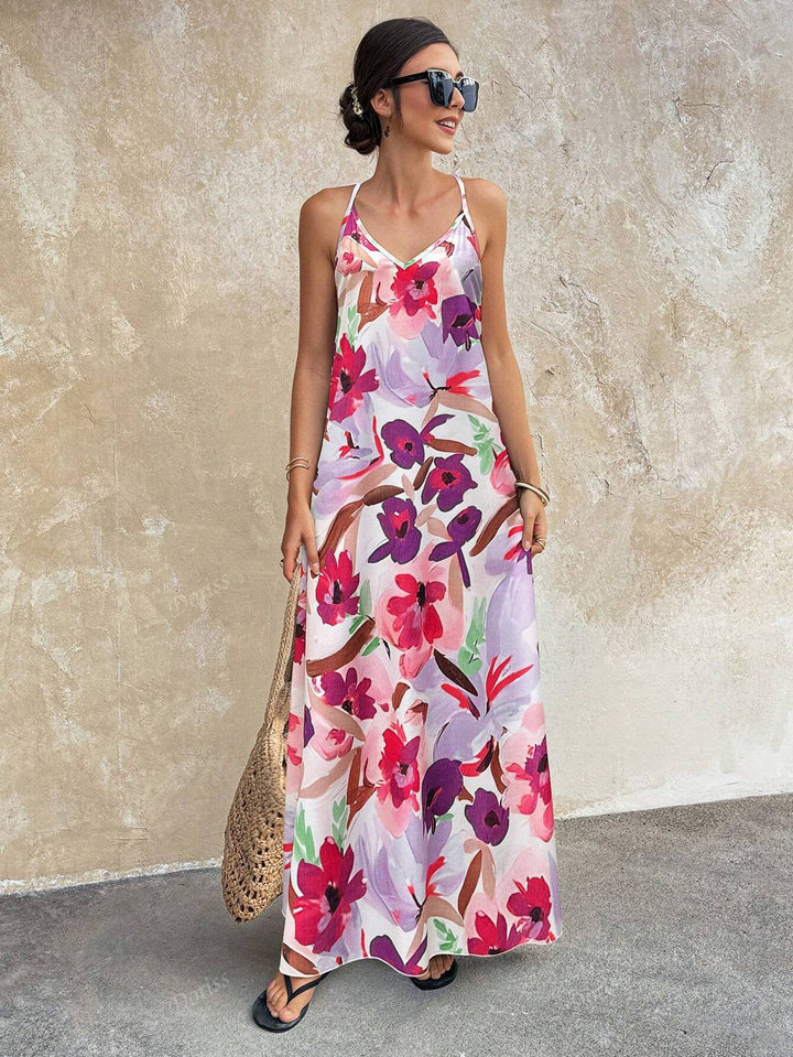Damen Maxikleid in A-Linie mit V-Ausschnitt und Spaghettiträgern, sommerlich-leichtes Design, Freizeit.