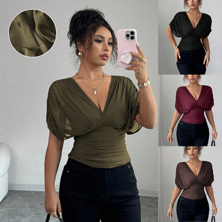 Elegantes figurbetontes Damen Wickel-Top mit V-Ausschnitt & Flügelärmeln für Business-Casual.