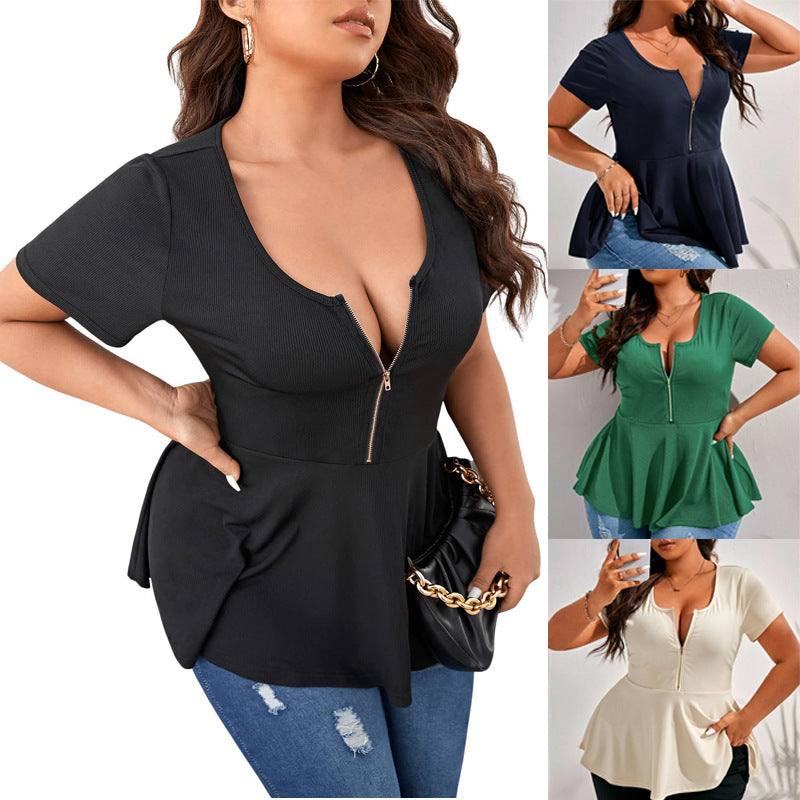 Elegantes Damen Peplum-Top mit V-Ausschnitt und Reißverschluss, schmeichelhaft & vielseitig für Frühling/Sommer.