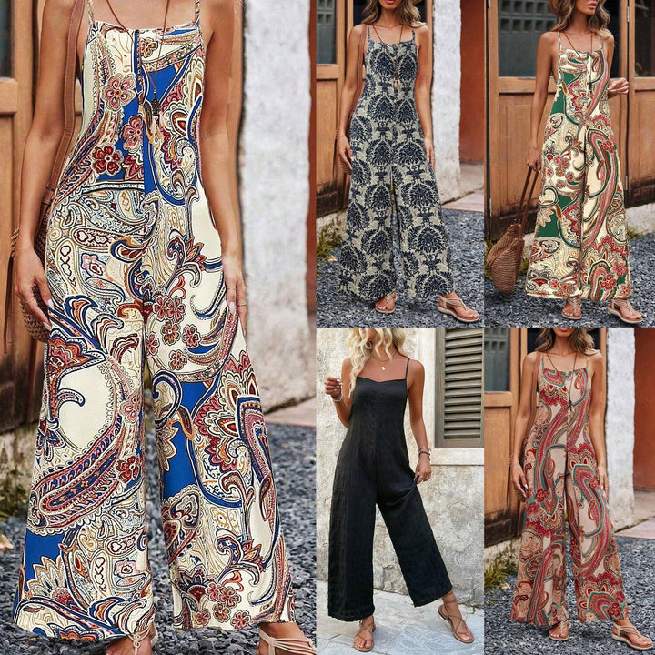 Damen Sommer Jumpsuit mit lebhaftem Paisley-Print, weitem Bein & Spaghettiträgern. Perfekt für Strand & Freizeit.