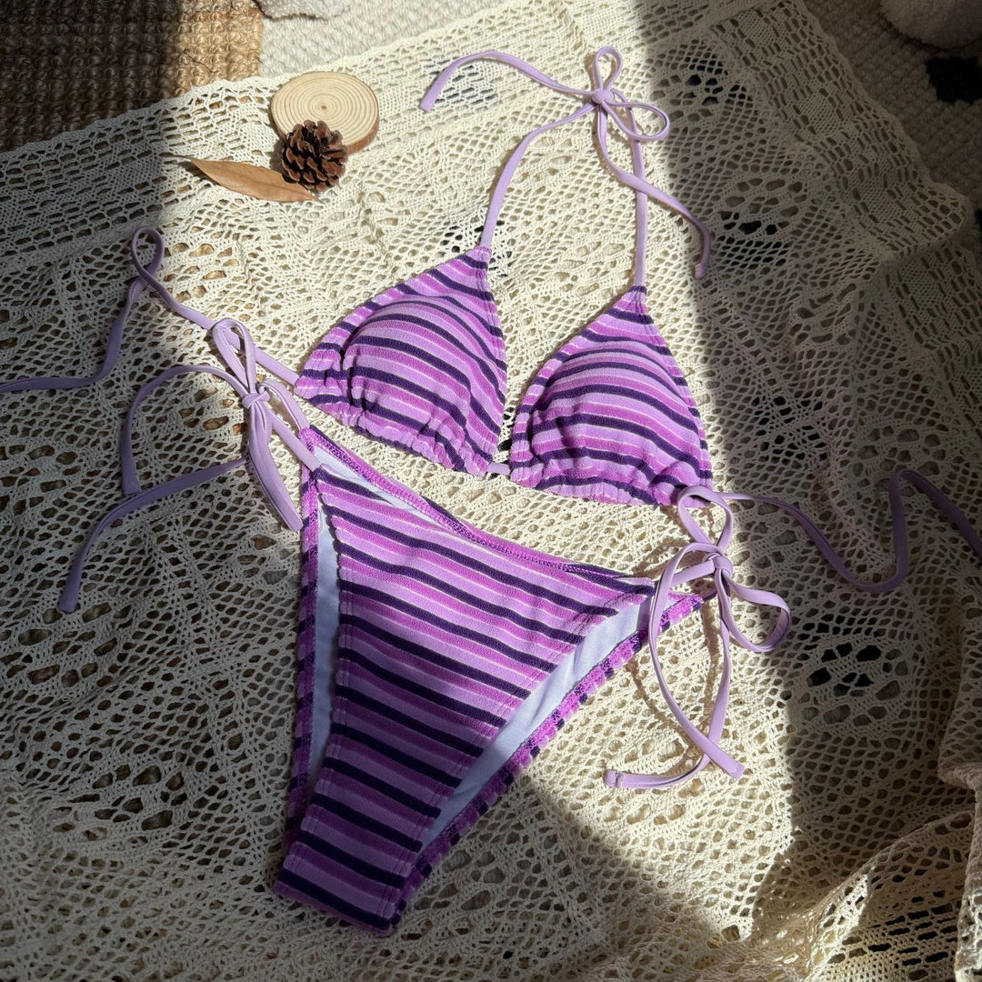 Moderner Damen Streifen-Triangelbikini, verstellbar, ideal für Poolparty & Sommerurlaub.