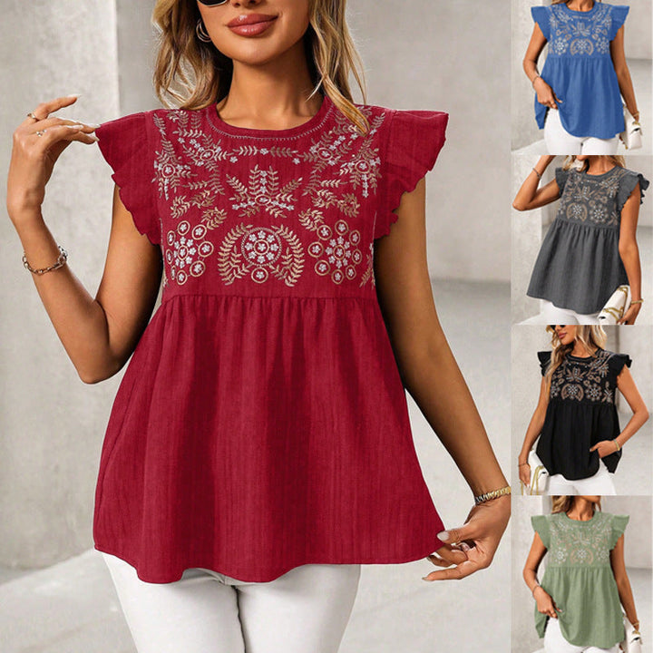 Damen Babydoll-Top, bestickt, mit Rüschenärmeln, locker geschnitten für sommerliche Eleganz.