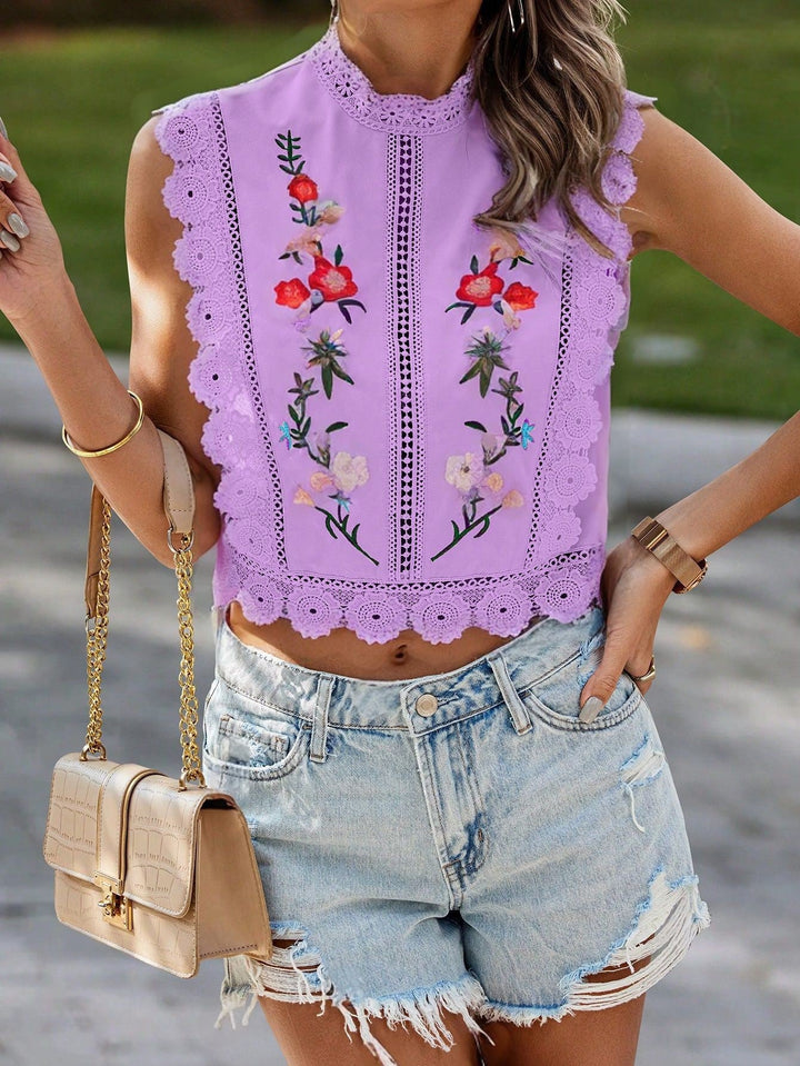 Modisches Damen Cropped Top, bestickt, mit Stehkragen, Häkelspitze und ärmellosem Design für den Sommer.