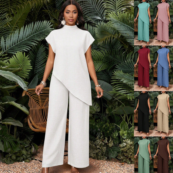 Elegantes Damen Zweiteiler Set: asymmetrische Tunika & weite Palazzo-Hosen. Perfekt für Frühling & Sommer.