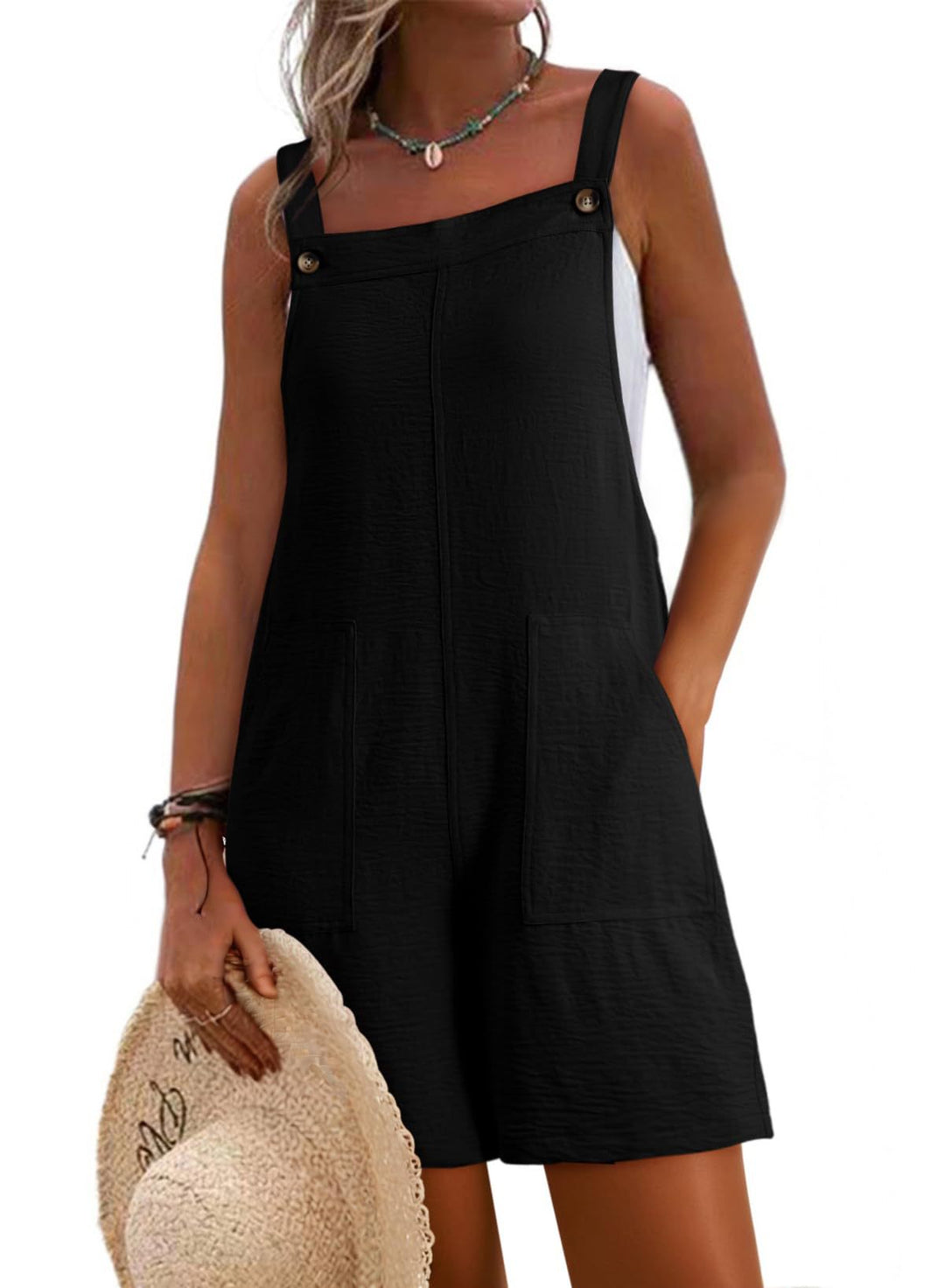 Trendiger Damen Playsuit mit Taschen. Kurz und lässig für warme Sommertage, Freizeit- & Strandmode.