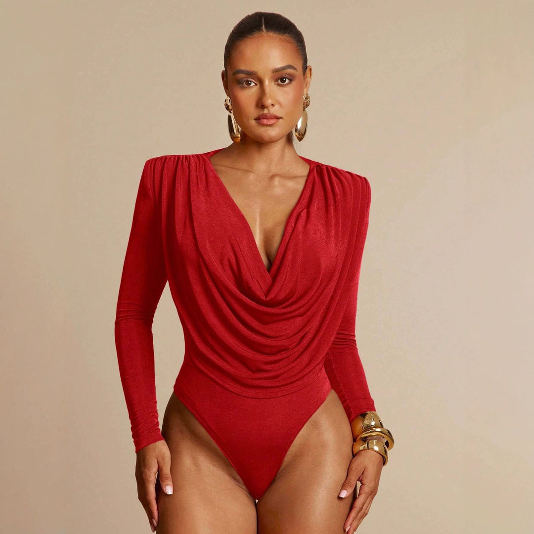 Figurbetonter Langarm-Body mit Wasserfallausschnitt. Perfekt für Party-Outfits und elegante Abende.