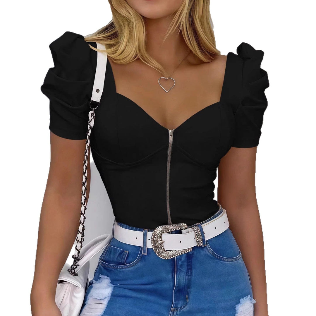 Vielseitiges Damen Sommer Party-Top: figurbetontes Corsagen-Design, Puffärmel & eleganter Herzausschnitt.