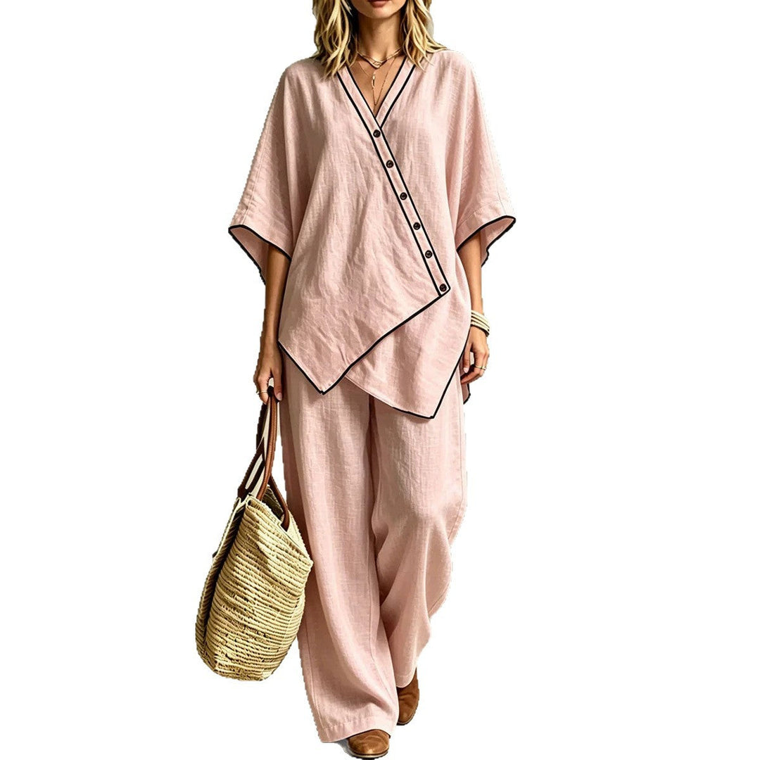 Vorderansicht: Asymmetrisches Damen Tunika-Set mit Palazzohose. Eleganter Zweiteiler für Frühling & Sommer.