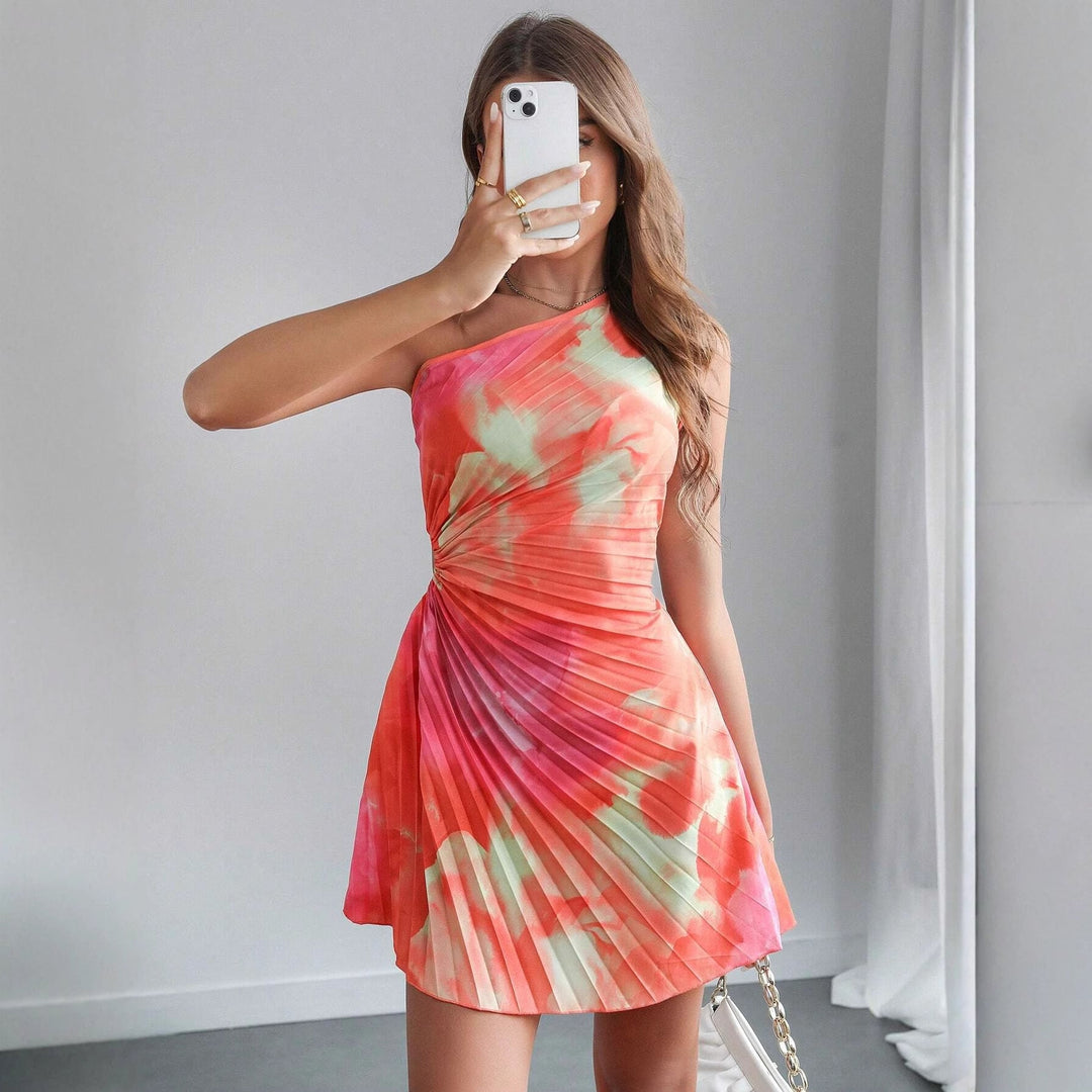 Damen Sommer One-Shoulder Minikleid, figurschmeichelndes Plisseekleid, elegant für Urlaub & Feste.