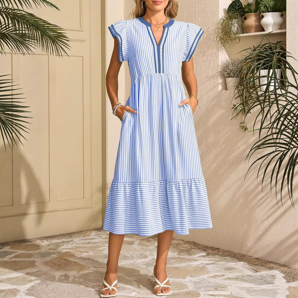 Damen Midikleid gestreift mit V-Ausschnitt und Volant. Perfekt für Urlaub & Freizeit. Sommermode.