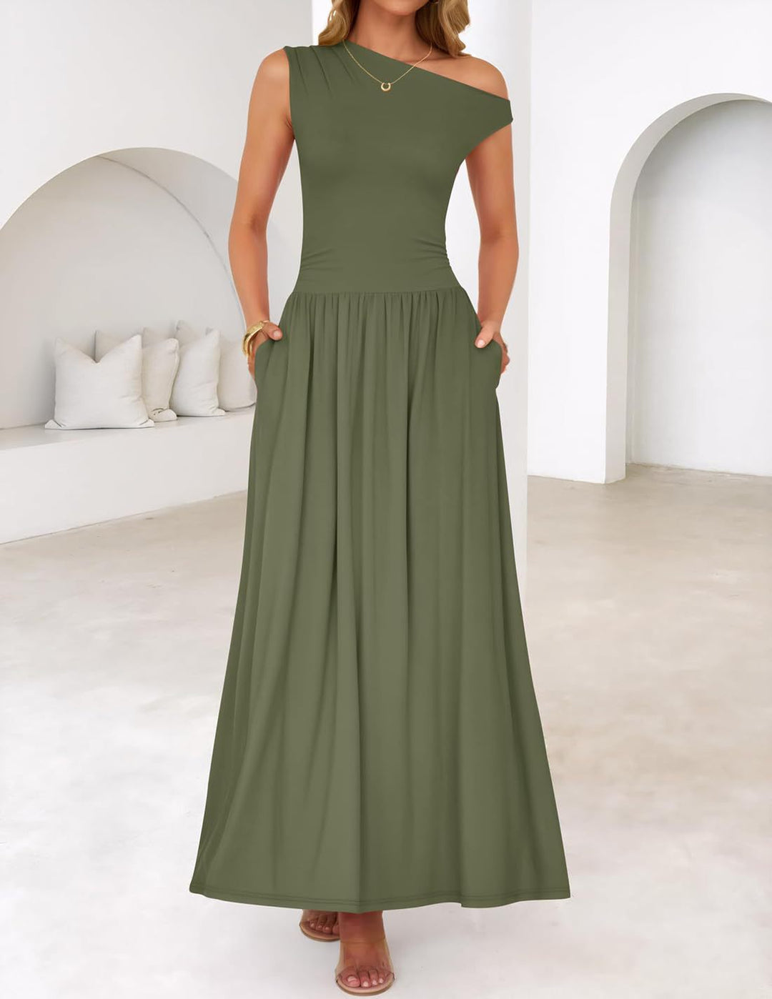 Fließendes Damen Maxikleid, One-Shoulder A-Linie, asymmetrisch & elegant, ideal für Sommerabende.