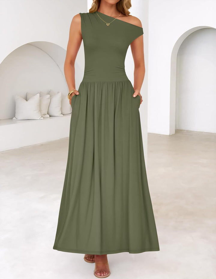 Fließendes Damen Maxikleid, One-Shoulder A-Linie, asymmetrisch & elegant, ideal für Sommerabende.