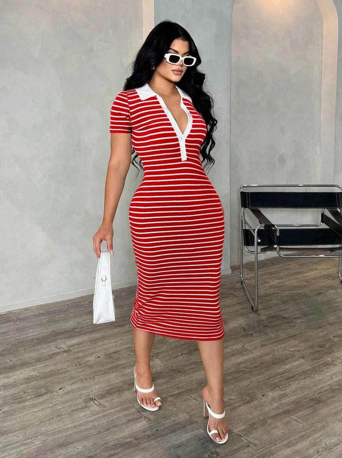 Elegantes gestreiftes Damen Polokleid, tailliert, knielang, ideal für Freizeit & Büro-Casual.