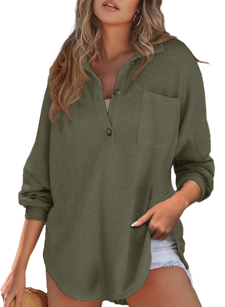 Trendige Damen Oversize Bluse mit Waffelstruktur, ideal für einen modernen, eleganten Casual-Look.