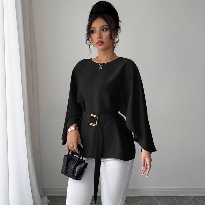 Stilvolle Damen Tunika mit fließenden Capeärmeln & tailliertem Gürtel, perfekt für Frühling & Sommer.