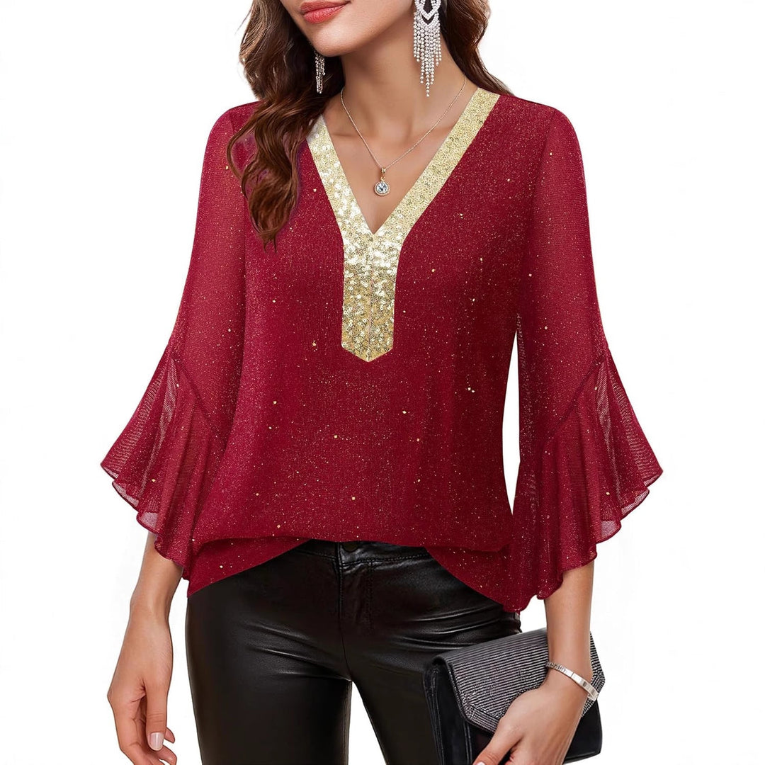 Festliche Damen Bluse mit glitzernden Pailletten, V-Ausschnitt & femininen Volantärmeln, elegant.