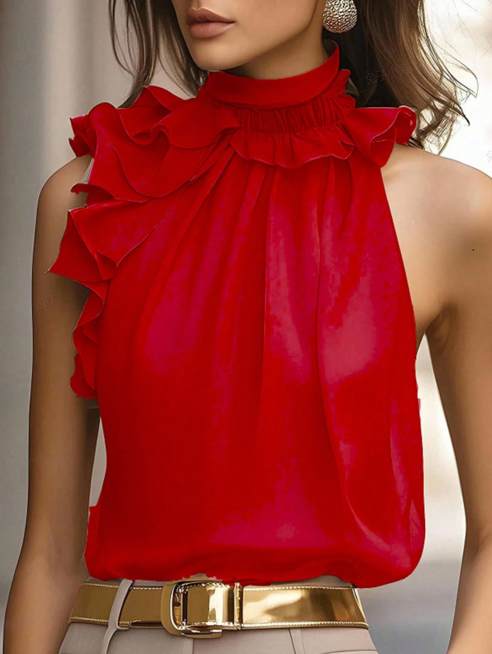 Bequemes, stilvolles Damen-Top mit hochgeschlossenem Rüschenhals und asymmetrischem Volant, perfekt für jede Garderobe.