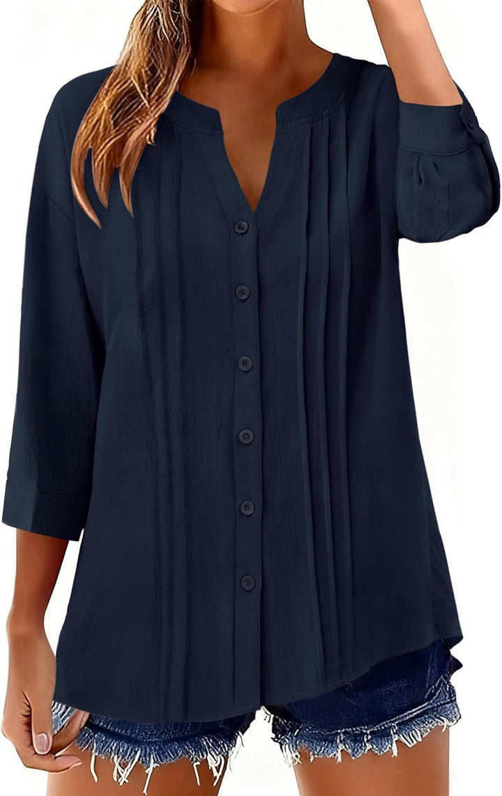 Damen Bluse V-Ausschnitt: lockeres Tunikashirt mit Kellerfalten & Dreiviertelärmeln. Bequem & elegant.